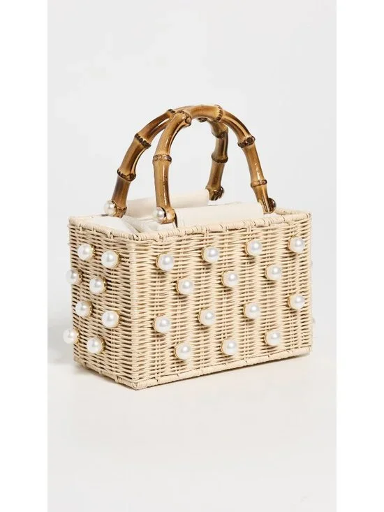 BTB Los Angeles Chloe Pearl Beaded Top-Handle Box Bag Handbag Raffia Tote Purse - Picture 4 of 14